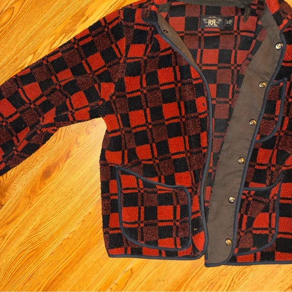 RRL Plaid Jacquard Fleece Jacket Red Multi Black Small Like New - Picture 5 of 15